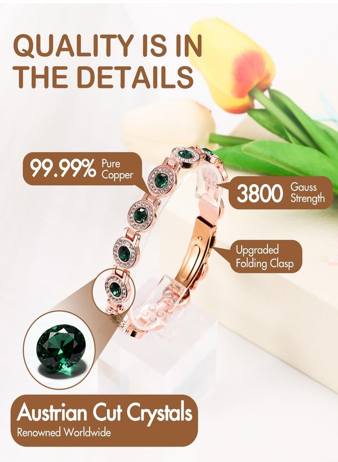 Feraco Pure Copper Bracelets for Women, 4X Ultra Strength Magnetic Bracelet with 3800 Gauss Neodymium Magnets & Sparkling Austrian Cut Emerald Crystals, Adjustable Jewelry Gift - Image 4